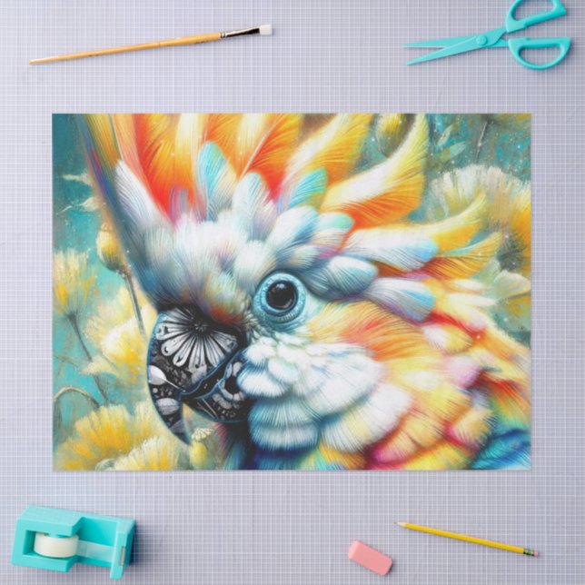 Whimsical Cockatoo Bird Yellow Poppies Decoupage Tissue Paper (Craft)