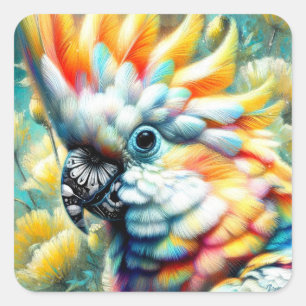 Whimsical Cockatoo Bird Yellow Poppies Floral  Square Sticker