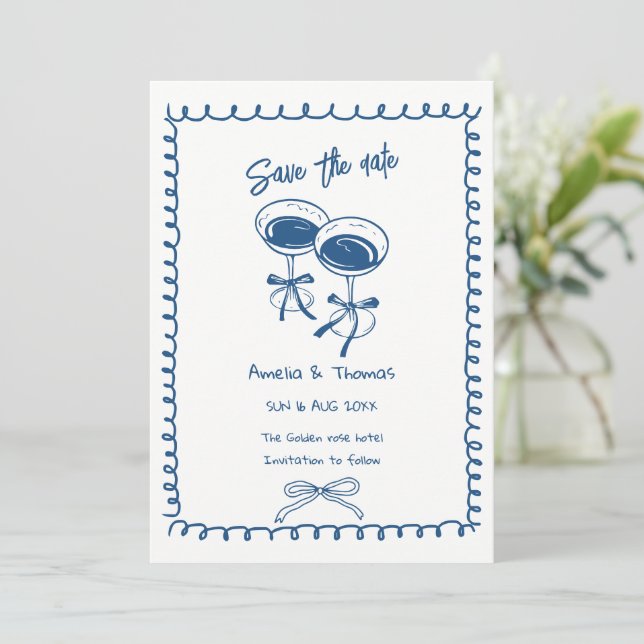 whimsical cocktail doodle save the date invitation (Standing Front)