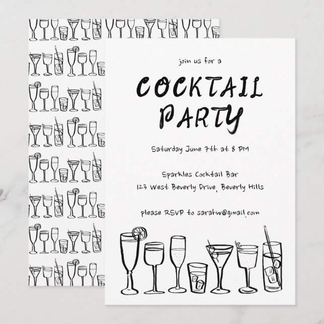Whimsical Cocktail Drinks Custom Birthday Party BW Invitation (Front/Back)