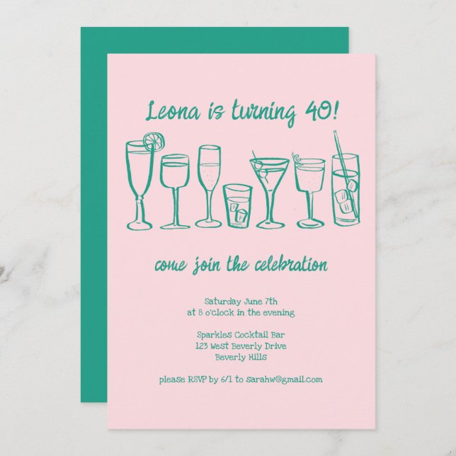 Whimsical Cocktail Drinks Custom Birthday Party Invitation (Front/Back)