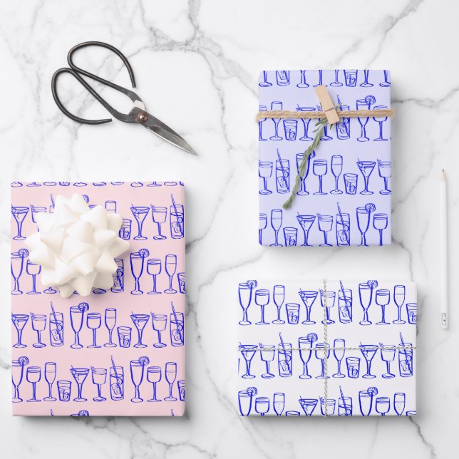 Whimsical Cocktail Drinks Wine Party Blue Gift Wrapping Paper Sheet (Front)