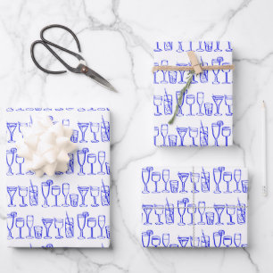 Whimsical Cocktail Drinks Wine Party Blue Gift Wrapping Paper Sheet