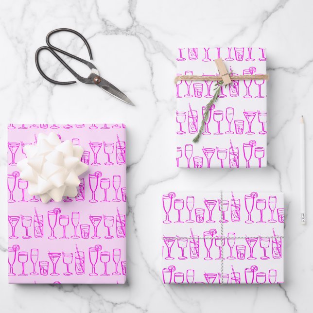 Whimsical Cocktail Drinks Wine Party Pink Gift Wrapping Paper Sheet (Front)