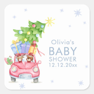 Whimsical Cold Outside Reindeer Bear Baby Shower Square Sticker