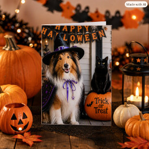 Whimsical Collie Witch & Cat Trick‑or‑Treat Folded Card