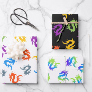 WHIMSICAL COLORFUL CHINESE DRAGON PATTERN WRAPPING PAPER SHEET