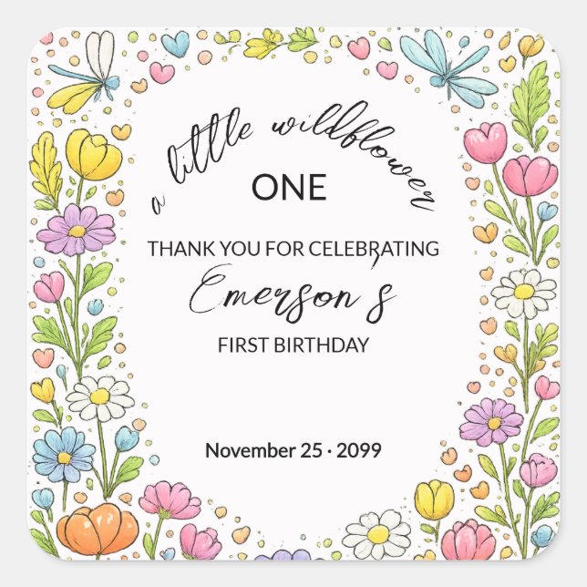 Whimsical Colorful Little Wildflower 1st Birthday  Square Sticker (Front)