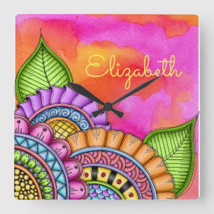 Whimsical Colorful Modern Floral Watercolor Square Wall Clock