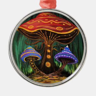Whimsical Colorful Mushroom Cottagecore Magic Metal Ornament