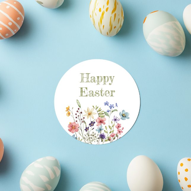 Whimsical Colorful Wildflower Bloom Happy Easter Classic Round Sticker (Creator Uploaded)