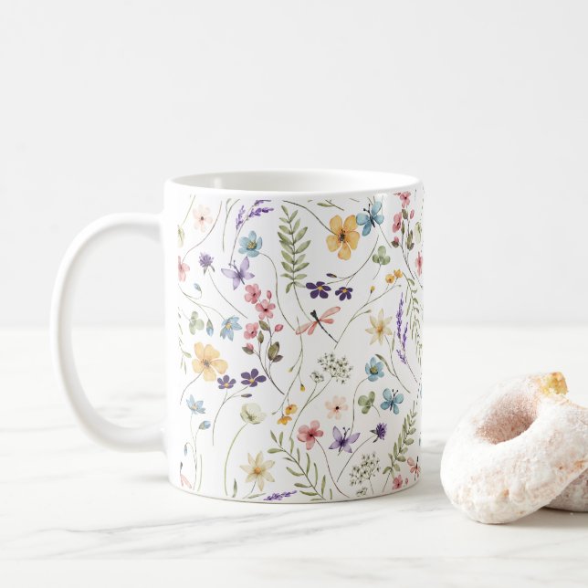 Whimsical Colorful Wildflower Spring Patterns Coffee Mug (With Donut)