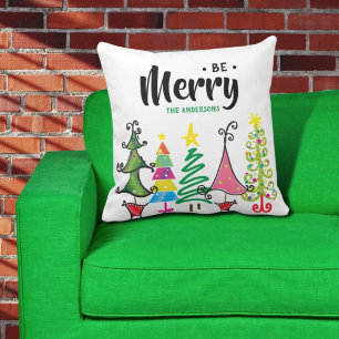 Whimsical Colourful Be Merry Christmas Throw Pillo Pillow