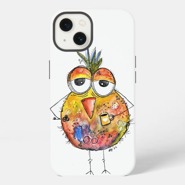 Whimsical Colourful Bird Drinking Coffee iPhone Case (Back)