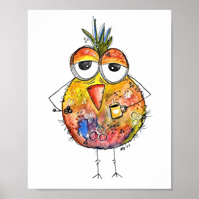 Whimsical Colourful Bird Drinking Coffee Poster (Front)