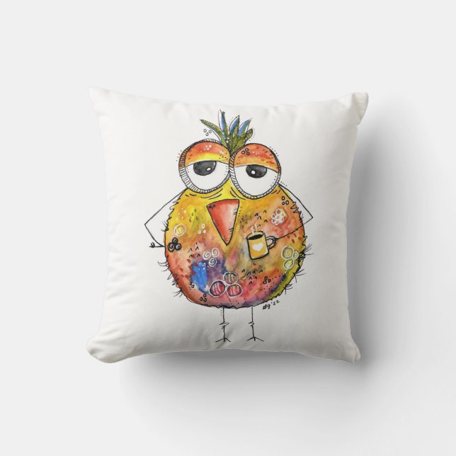Whimsical Colourful Bird Drinking Coffee Throw Pillow (Front)