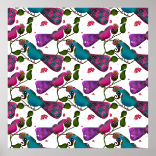 Whimsical Colourful Bird Floral Pattern Seamless  Poster