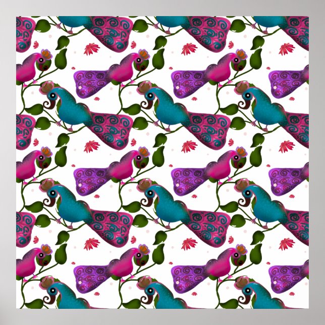 Whimsical Colourful Bird Floral Pattern Seamless  Poster (Front)