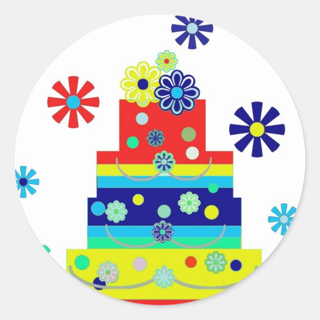 Whimsical Colourful Birthday Cake Design Classic Round Sticker (Front)