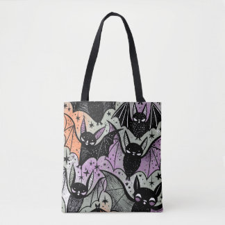 Whimsical Colourful Black Bats Pattern Halloween Tote Bag