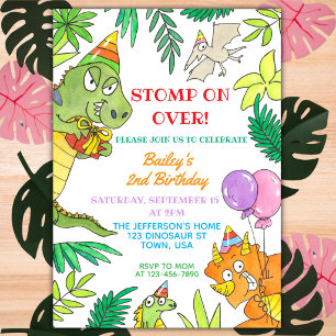 Whimsical Colourful Cartoon Dinosaur Birthday Invitation