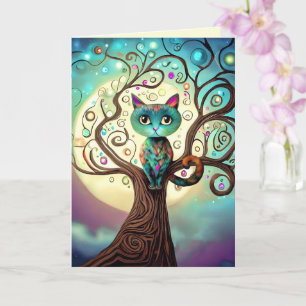 Whimsical Colourful Cat Full Moon Artwork Card
