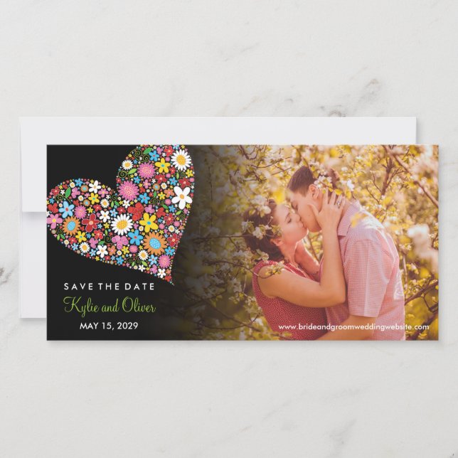 Whimsical Colourful Chic Spring Flowers Heart Phot Save The Date (Front)