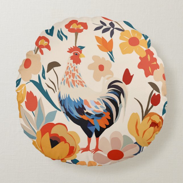 Whimsical Colourful Chicken Floral Background Round Pillow (Front)