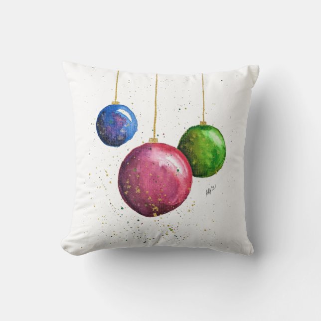 Whimsical, Colourful Christmas Baubles Throw Pillow (Front)