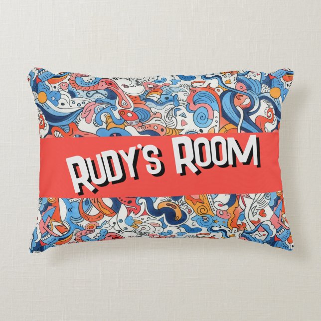 Whimsical Colourful Doodle with name, Accent Pillow (Front)