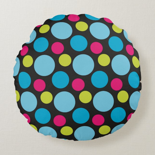 Whimsical Colourful Dots Pattern Blue Pink Modern Round Pillow (Front)