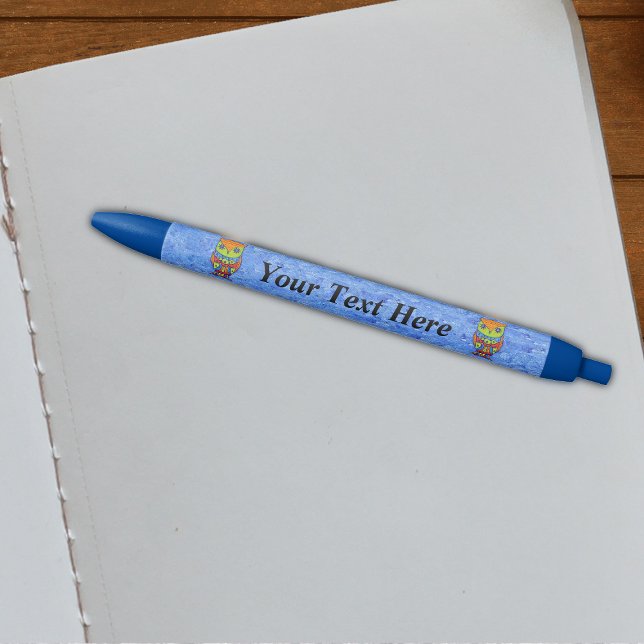 Whimsical Colourful Fantasy Owl Black Ink Pen (Two fantasy  brightly coloured owls big eyes on mixed light and dark blue background on writing pen.)
