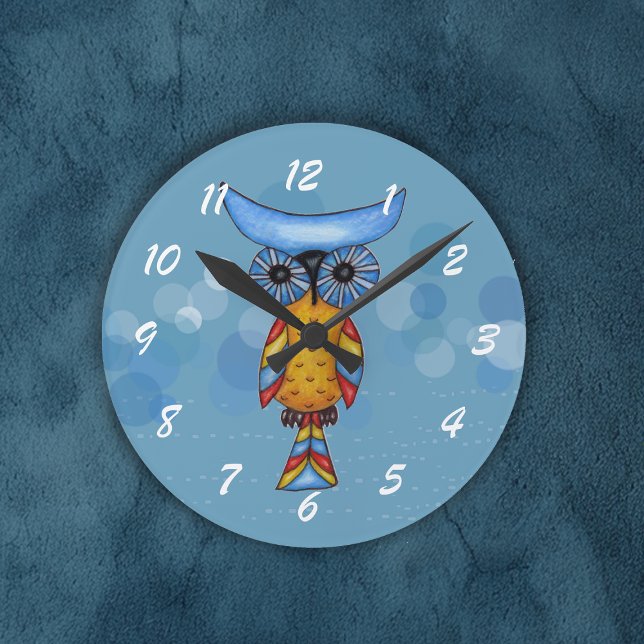 Whimsical Colourful Fantasy Owl Round Clock (Fantasy colourful owl blue eyes on round wall clock.)