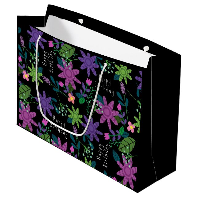 Whimsical Colourful Floral Happy Birthday  Large Gift Bag (Front Angled)