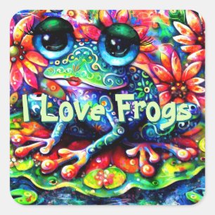 Whimsical Colourful Floral I Love Frogs Square Sticker