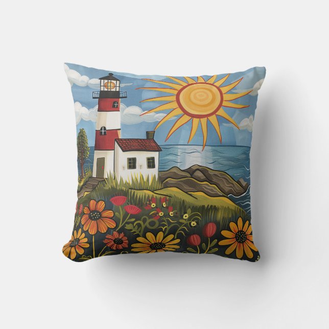 Whimsical Colourful Floral Light House Throw Pillow (Front)