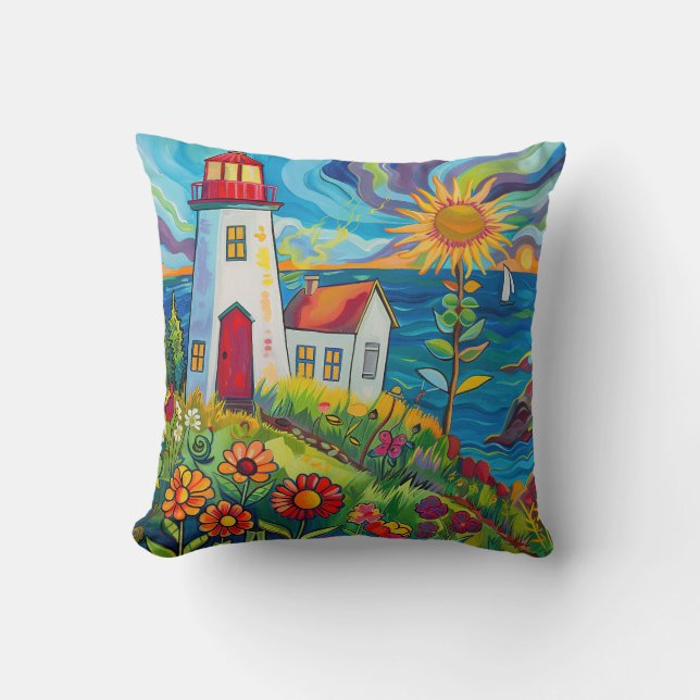 Whimsical Colourful Floral Light House Throw Pillow (Front)
