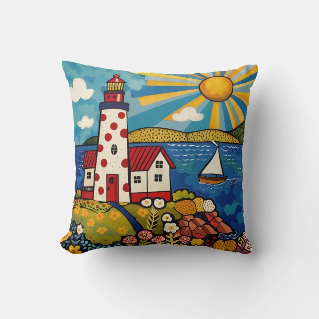 Whimsical Colourful Floral Light House Throw Pillow (Front)