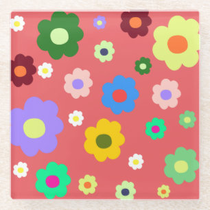 Whimsical Colourful Floral Retro, Cheerful, Preppy Glass Coaster