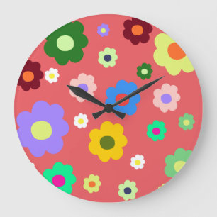 Whimsical Colourful Floral Retro, Cheerful, Preppy Large Clock