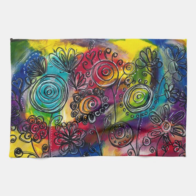 Whimsical Colourful Flower Garden Original Artwork Kitchen Towel (Horizontal)