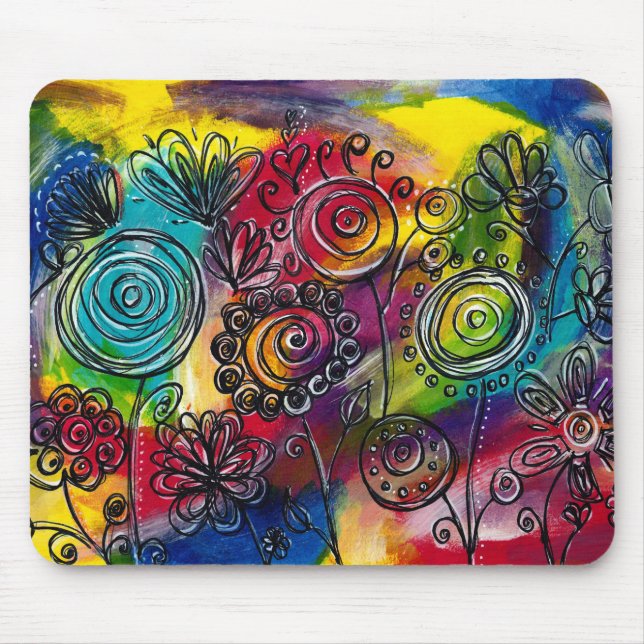 Whimsical Colourful Flower Garden Original Artwork Mouse Pad (Front)
