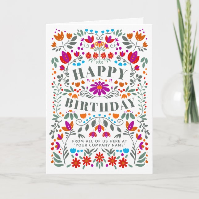 Whimsical Colourful Folk Flowers Business Birthday Card (Front)