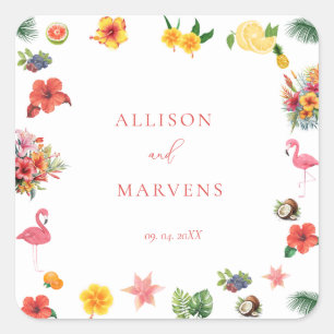 Whimsical Colourful Fun Tropical Flamingle Wedding Square Sticker