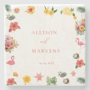 Whimsical Colourful Fun Tropical Flamingle Wedding Stone Coaster