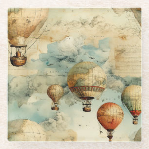 Whimsical Colourful Hot Air Balloon Map Glass Coaster