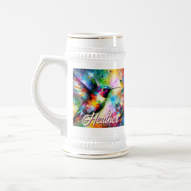 Whimsical Colourful Hummingbird Bird Personalized Beer Stein (Left)