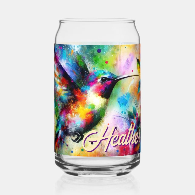 Whimsical Colourful Hummingbird Bird Personalized Can Glass (Front)