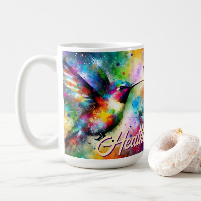Whimsical Colourful Hummingbird Bird Personalized Coffee Mug (With Donut)