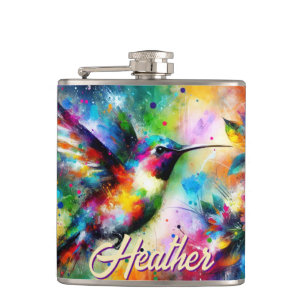 Whimsical Colourful Hummingbird Bird Personalized Hip Flask